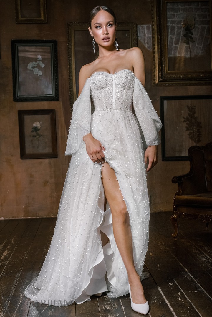 Свадебное платье Рашель А-силуэт, Блестящие, С рукавами, Открытые