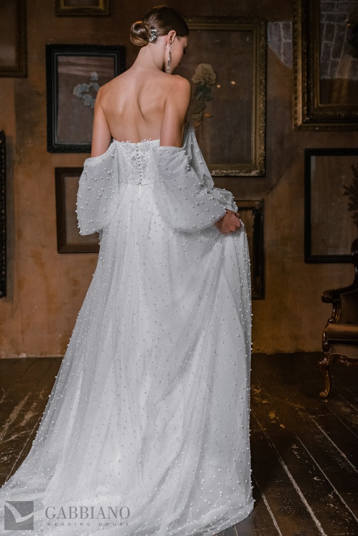 Свадебное платье Рашель А-силуэт, Блестящие, С рукавами, Открытые