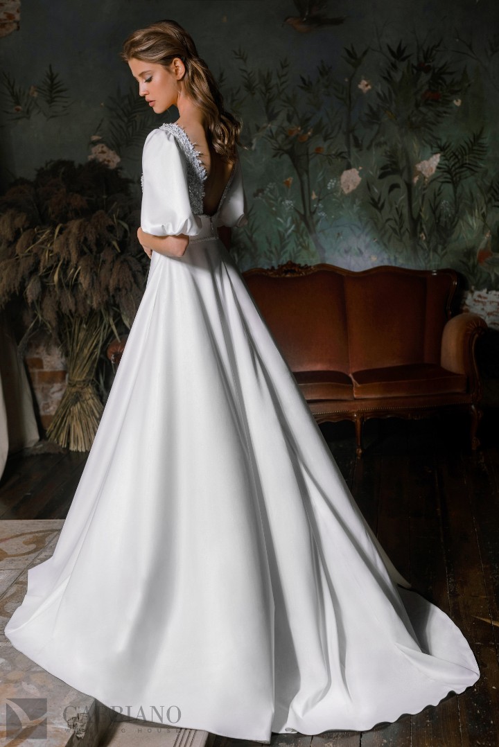 Свадебное платье Федерика А-силуэт, Блестящие, Открытые, С рукавами