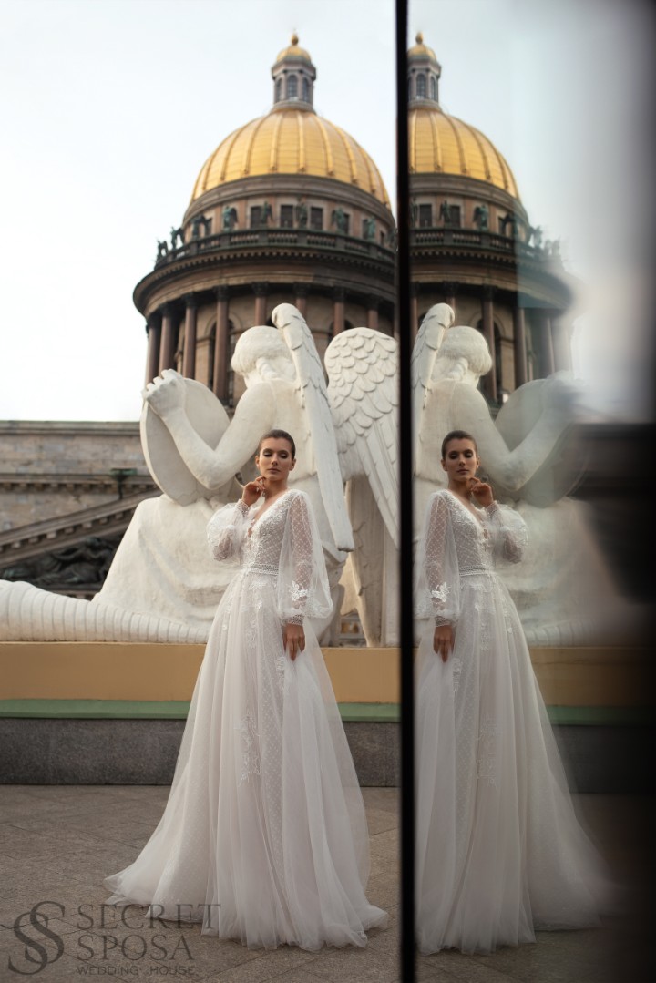 Свадебное платье Рива А-силуэт, Блестящие, Закрытые, С рукавами