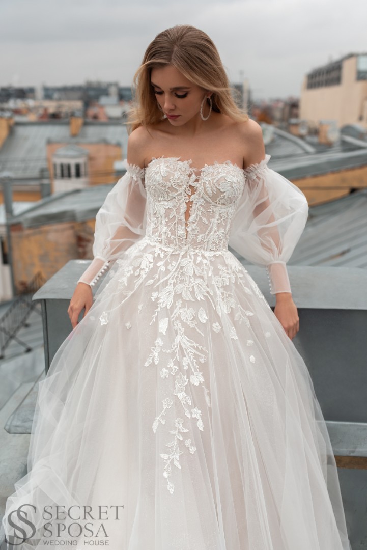 Свадебное платье Эмма А-силуэт, Блестящие, Открытые, С рукавами, Трансформеры