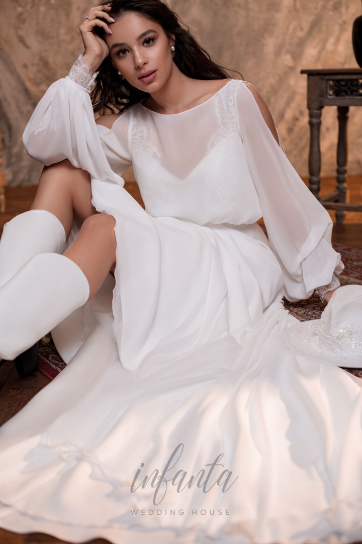 Свадебное платье Пегги А-силуэт, Закрытые, Минимализм, Недорогие, Простые, С рукавами