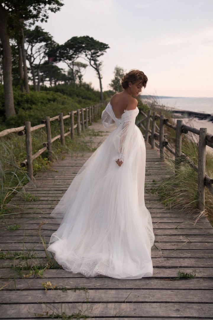 Свадебное платье Дебора А-силуэт, С корсетом, Со шлейфом, 2022 год, С рукавами, Открытые
