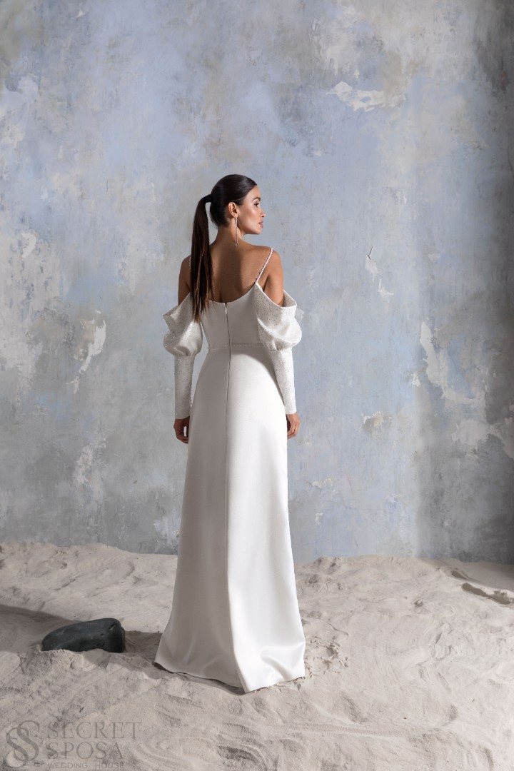 Свадебное платье Адалана Рыбка (годе), 2022 год, С рукавами, Открытые, Блестящие