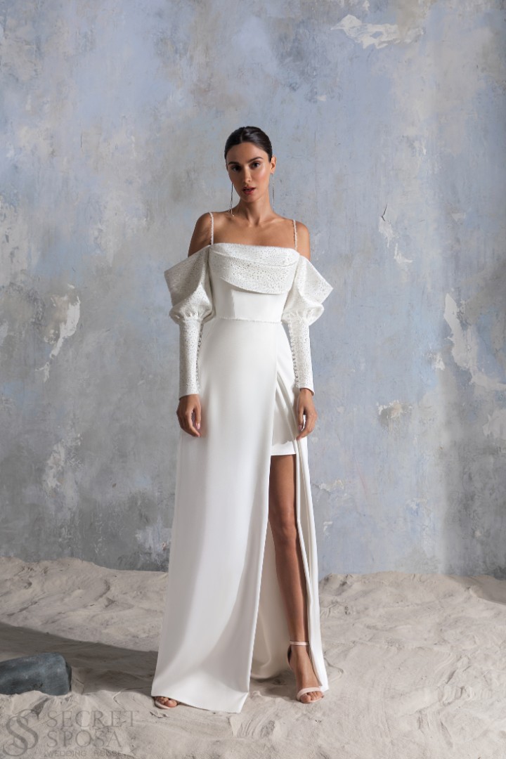 Свадебное платье Адалана Рыбка (годе), 2022 год, Блестящие, Открытые, С рукавами