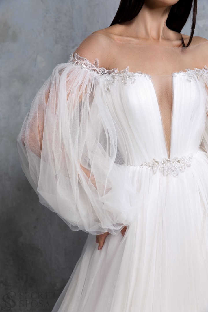 Свадебное платье Дилия Пышное, 2022 год, Открытые, С корсетом, С рукавами, Со шлейфом