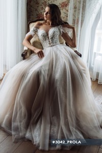 Свадебное платье Прола А-силуэт, Со шлейфом, Кружевные, Закрытые, Блестящие