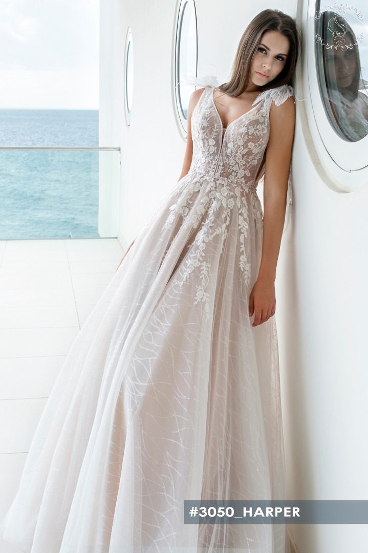 Свадебное платье Харпер А-силуэт, Блестящие, Кружевные, Легкие