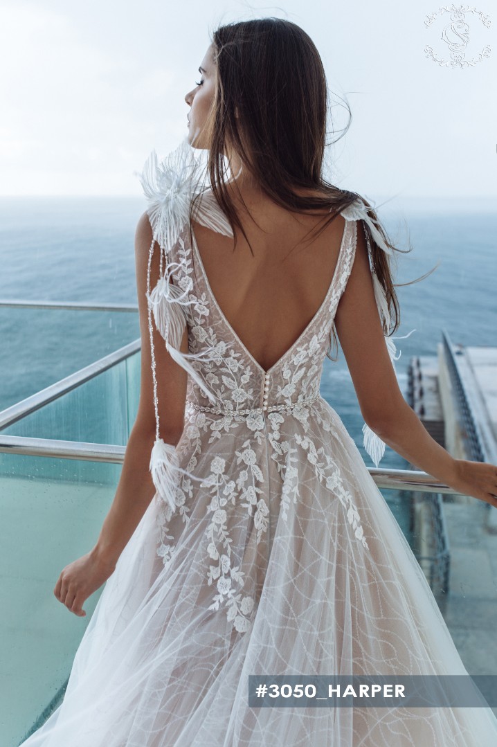 Свадебное платье Харпер А-силуэт, Кружевные, Легкие, Блестящие, Открытые