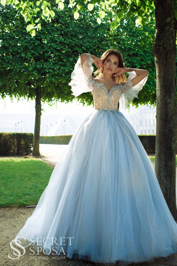 Свадебное платье Тиффани Пышное, Блестящие, Цветные, С рукавами, Открытые