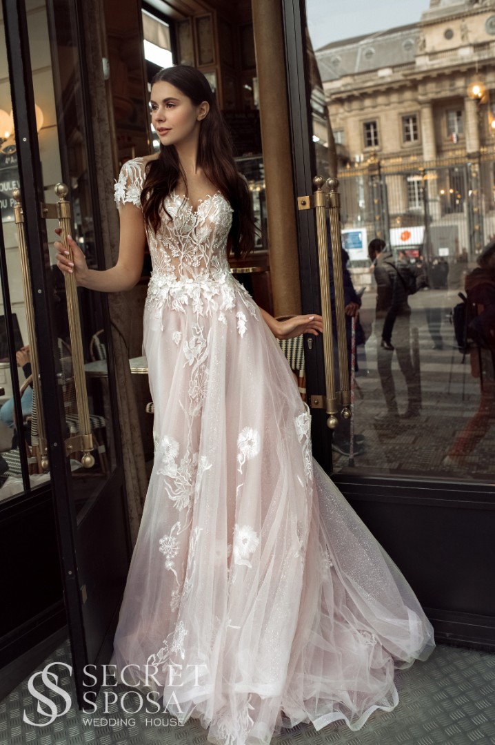 Свадебное платье Эстелло А-силуэт, Блестящие, Кружевные, Закрытые, С рукавами